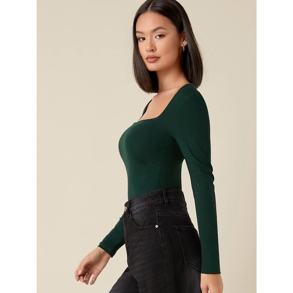 BohoGypsyDreamer.com Tops - Long sleeve Square Neck Form Fitted Tee dark green